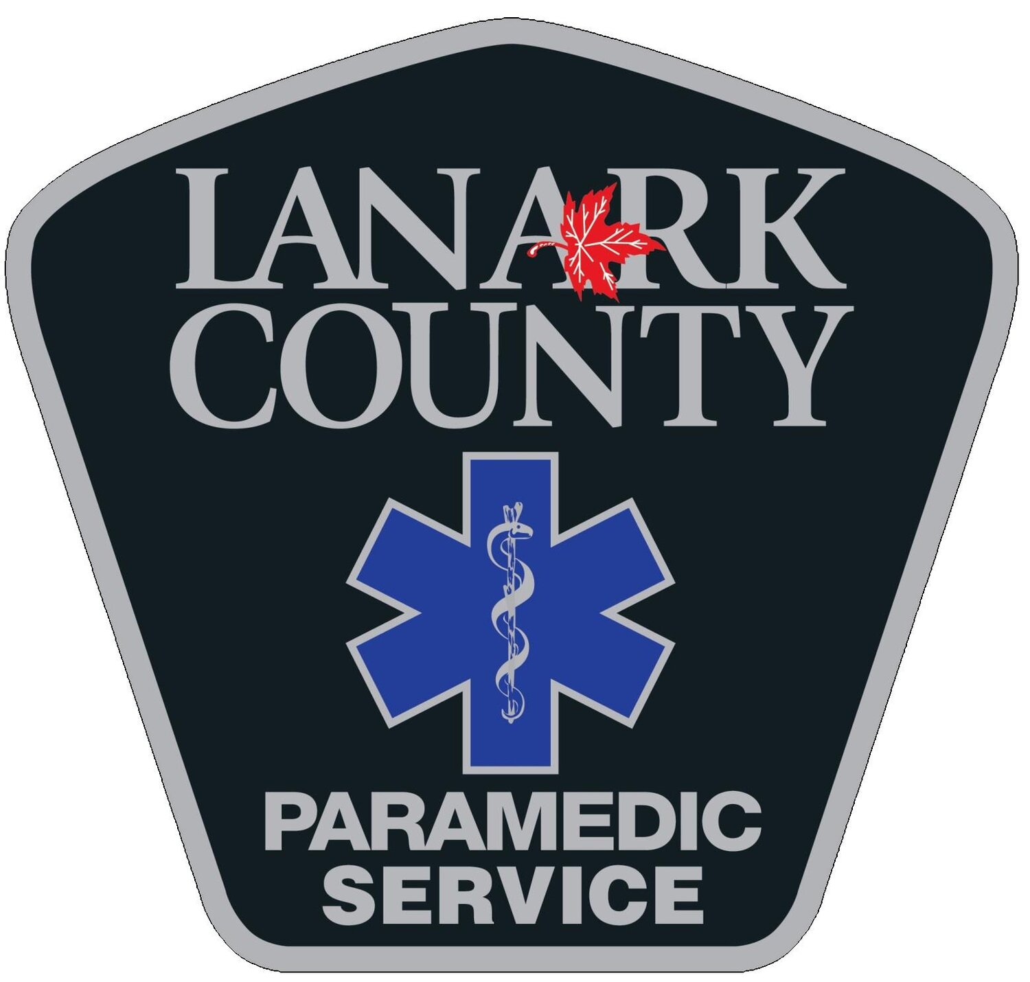 Dark blue, grey and red shield with the text 'Lanark County Paramedic Service'
