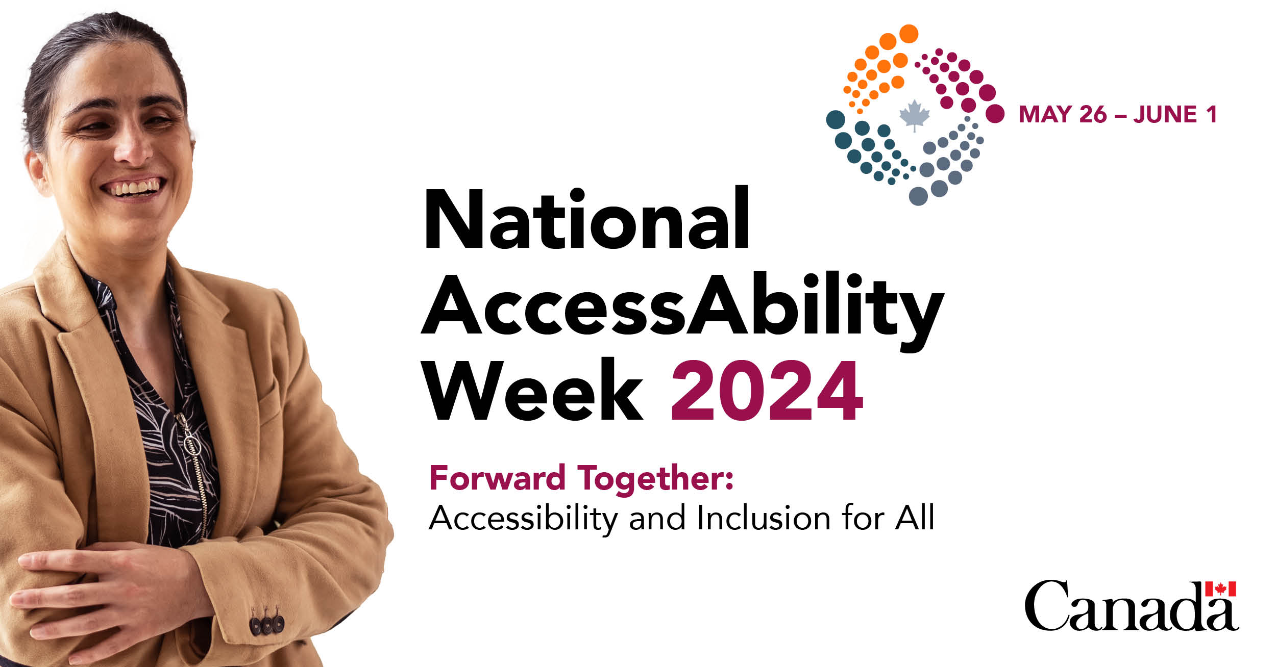 Orange, burgundy, green and grey circles make up a graphic with the text 'National AccessAbility Week'