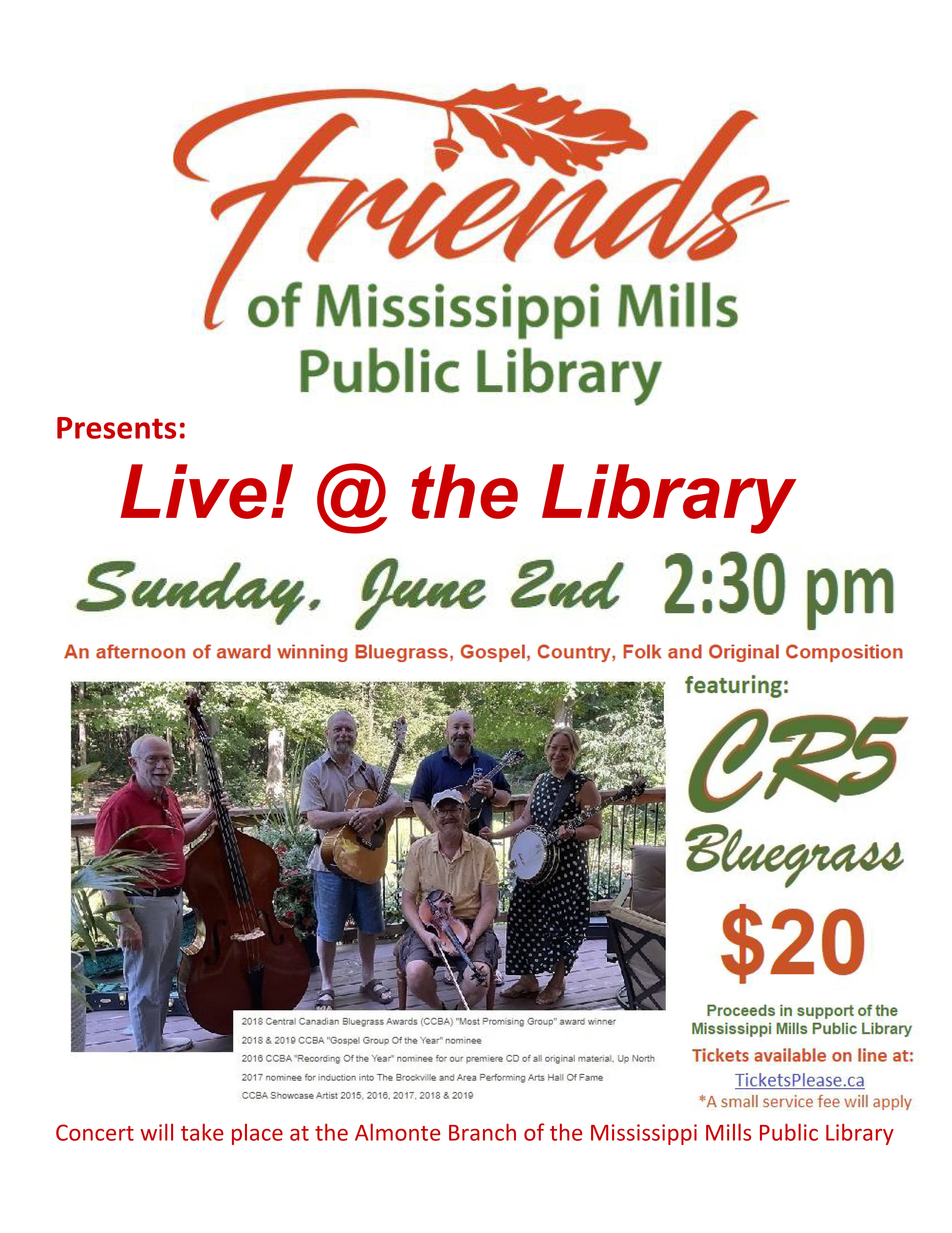 White, orange and green poster advertising 'Live at the Library' concert series