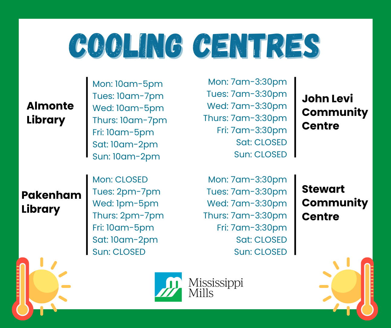 Graphic listing Cooling Centres in the Municipality of Mississippi Mills