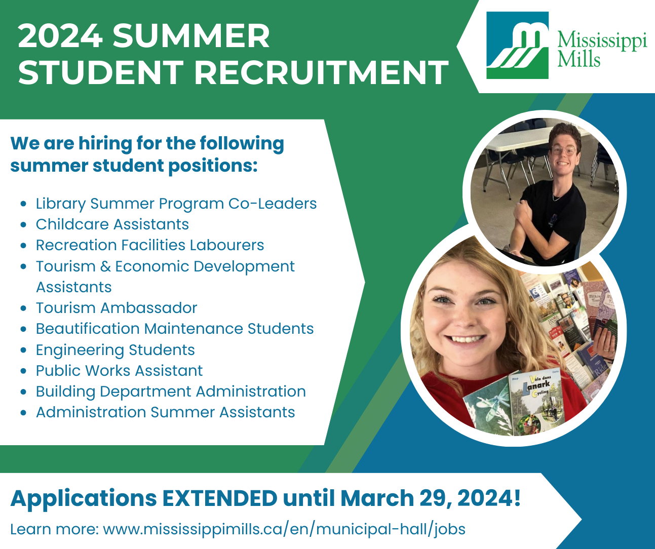 Green, blue and white graphic with photos of summer students advertising 2024 summer student recruitment in Mississippi Mills