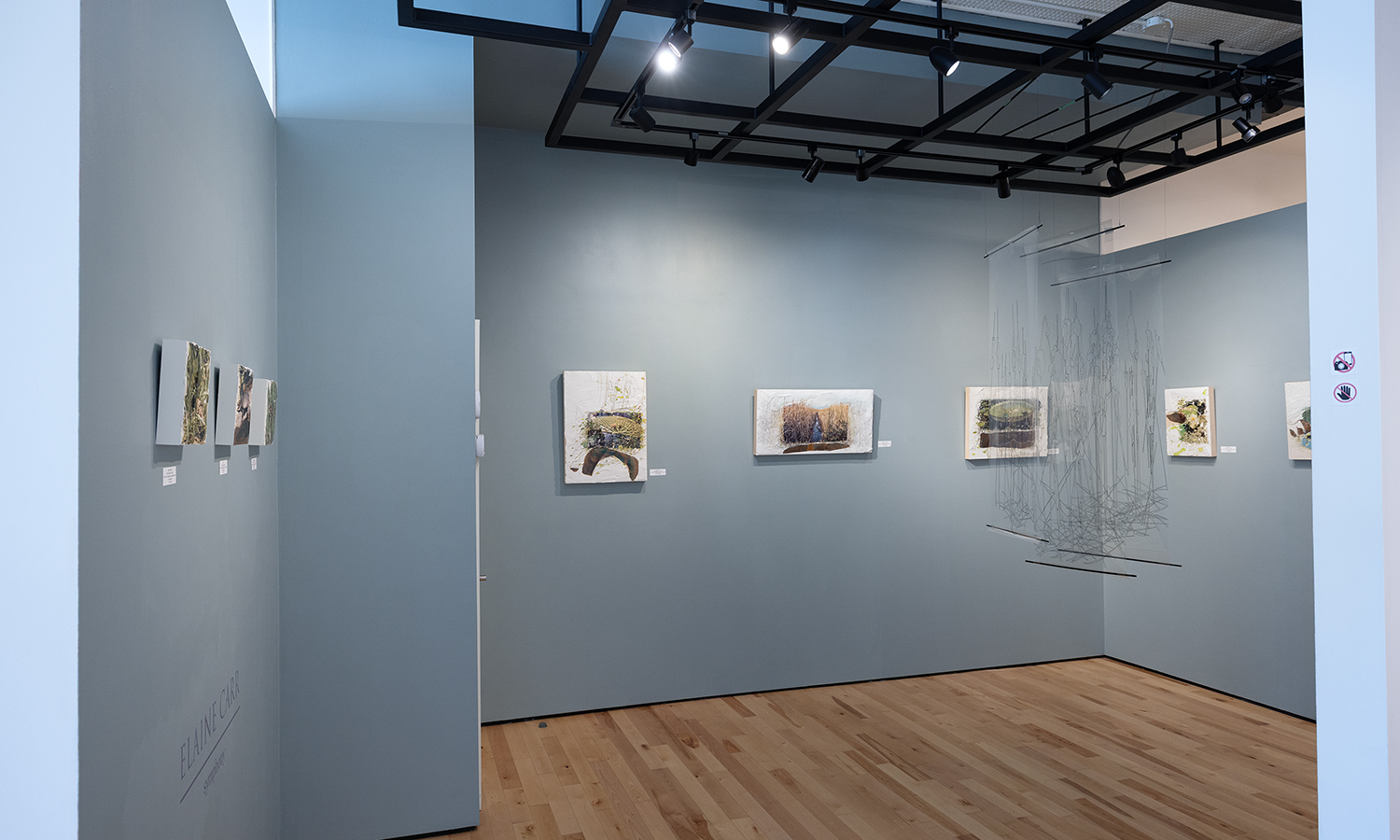 a blue room of paintings with an installation hanging in the middle of the room.