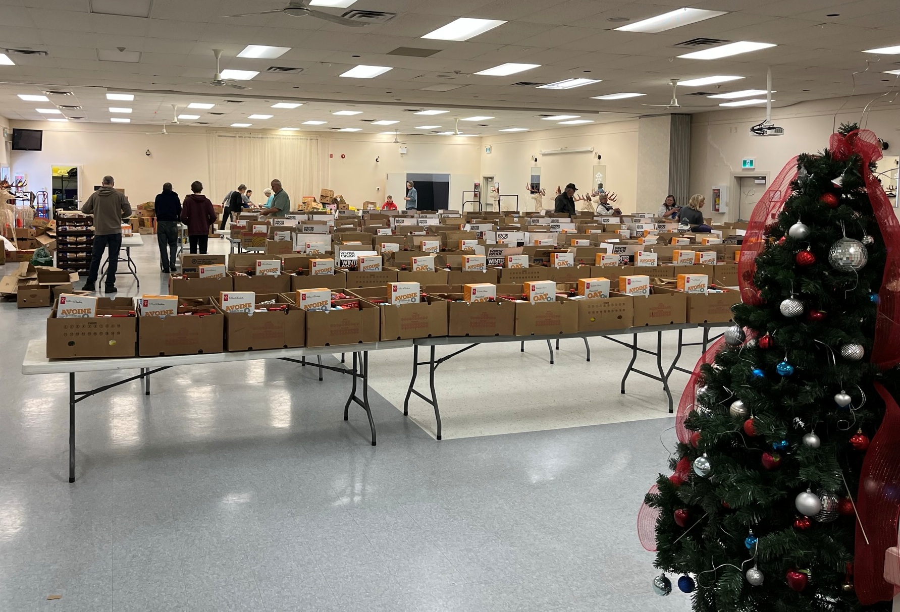 Rows of tables are stacked with cardboard boxes of food.