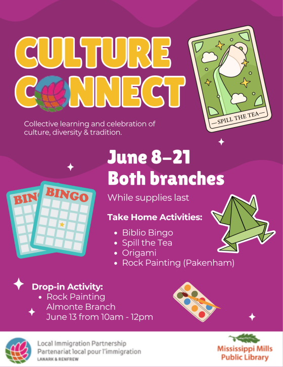 Purple poster advertising Mississippi Mills Public Library Culture Connect activities from June 8-21