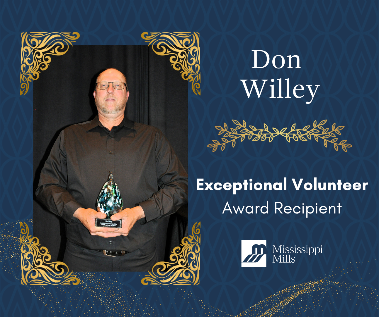 Navy background with gold accents shows a bald man with glasses, dressed in black, holding an award. White text reads 'Don Willey - Exceptional Volunteer Award Recipient.'