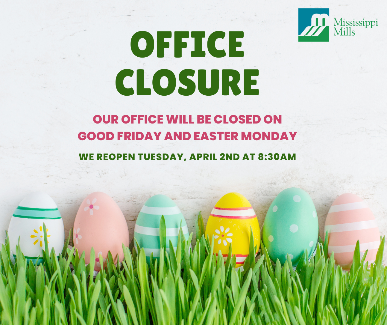 Photo of brightly coloured Easter eggs sitting in grass with text 'Office Closure'