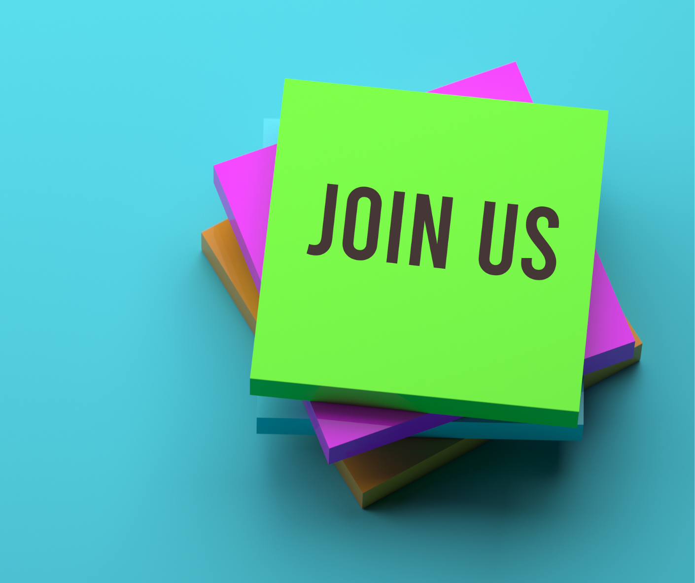 Blue backdrop and colourful sticky notes with 'Join Us' written on them