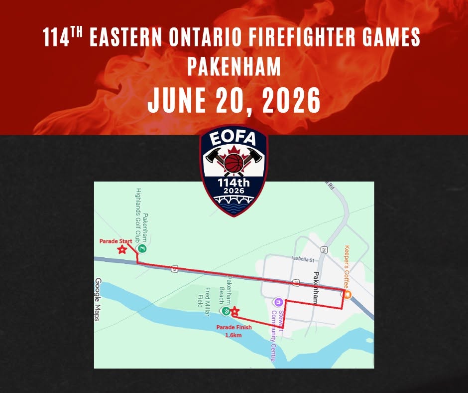 Black and red background with flame, showing a map of a parade route. White text reads '114th Eastern Ontario Firefighter Games Pakenham - June 20, 2026.'