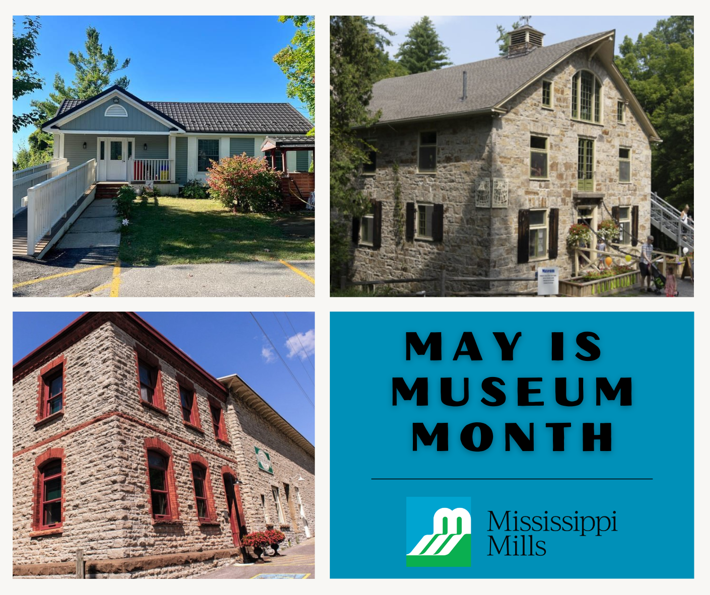 Graphic with blue box reading 'May is Museum Month' surrounded by three photos of museums