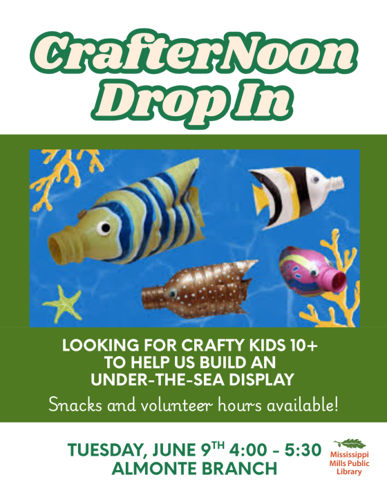 Poster advertising CrafterNoon Drop In at the Mississippi Mills Public Library