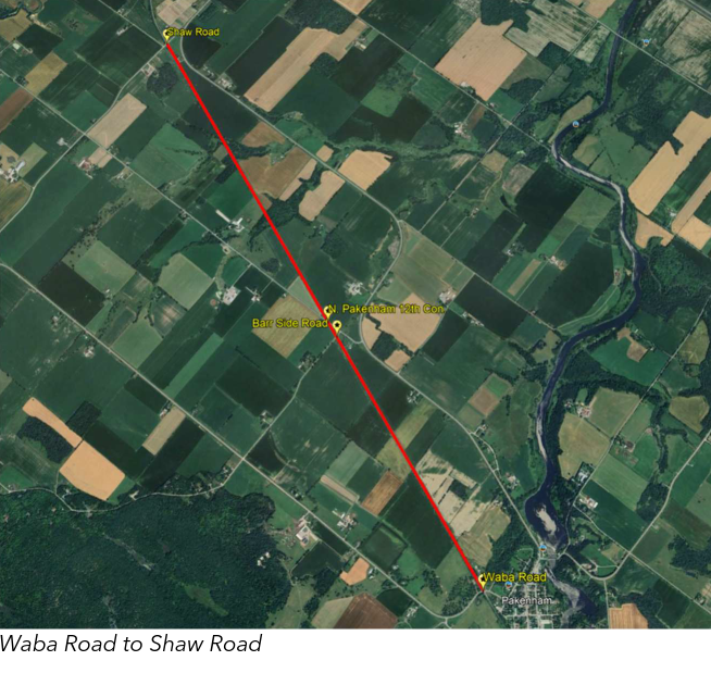 Satellite image showing Ottawa Valley Recreational Trail closure from Waba Road to Shaw Road