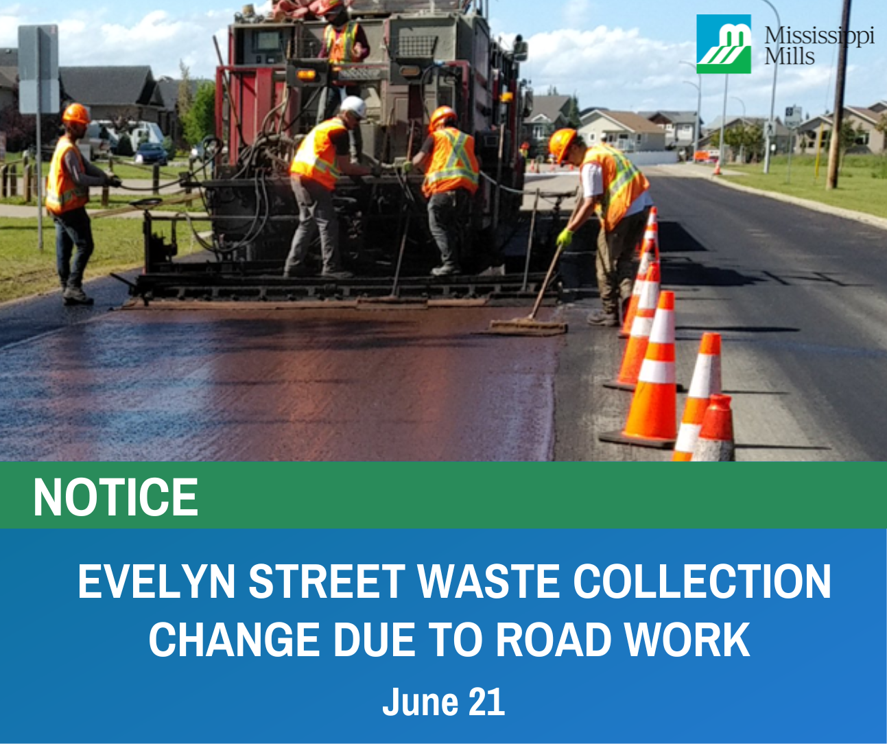 Green and blue notice graphic with photo of roadwork and text 'Evelyn Street Waste Collection Changes Due to Road Work'