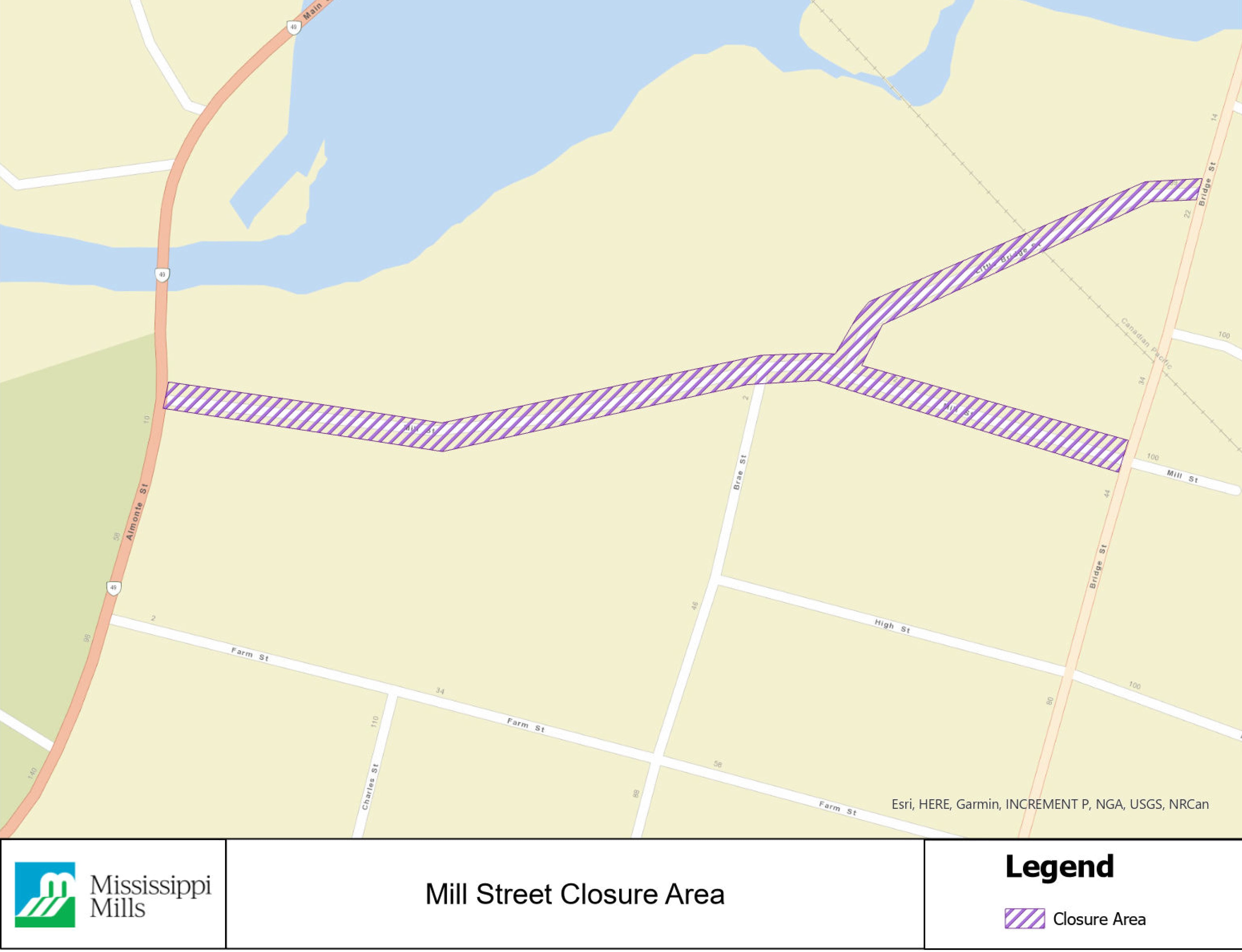 Map showing road closure of Mill Street and Little Bridge Street