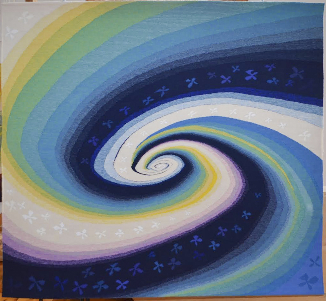 Painting showing different shades of yellow, green and blue swirls