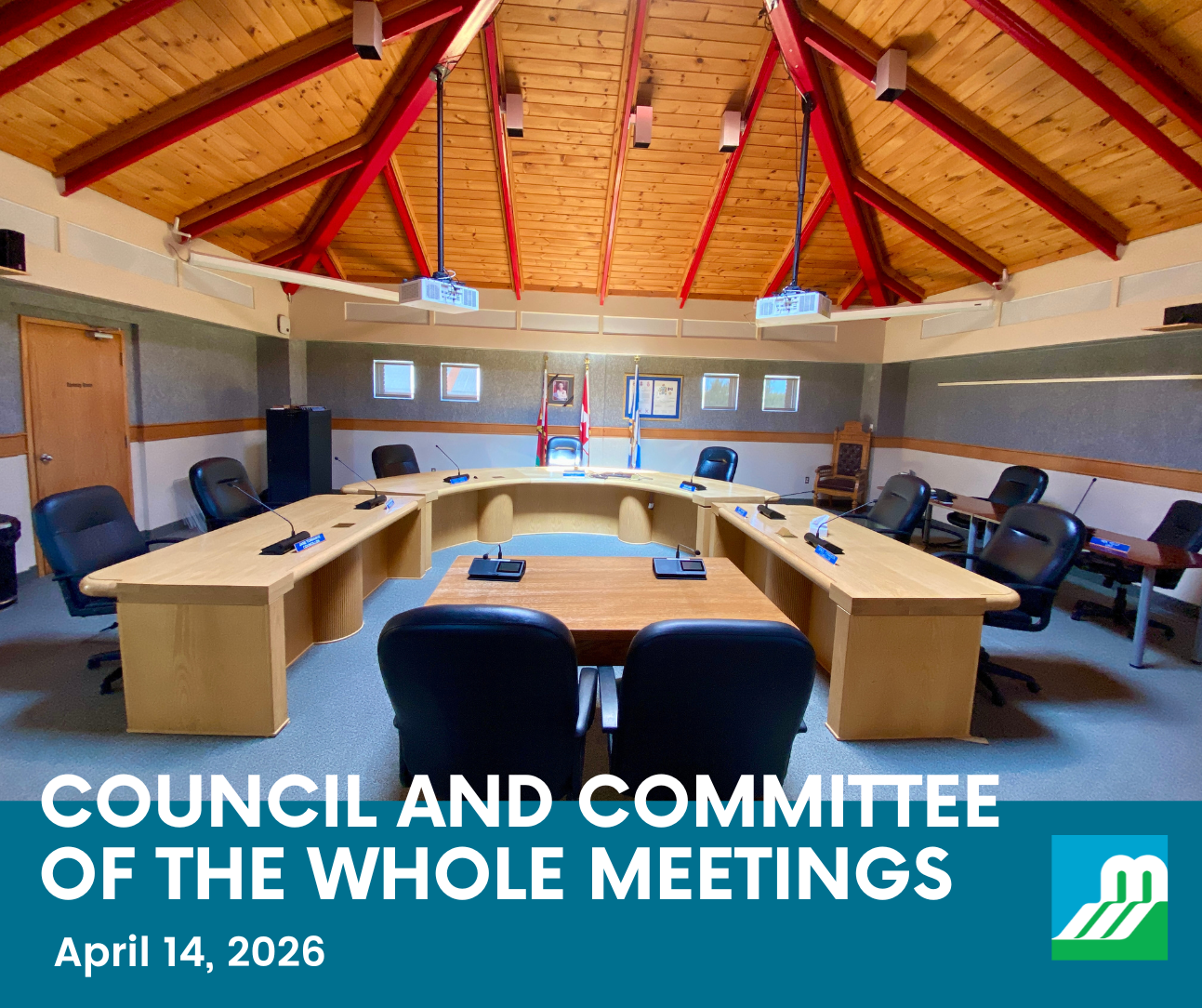 Photo of an empty Council Chambers with the text 'Council and Committee of the Whole Meetings - April 14, 2026'