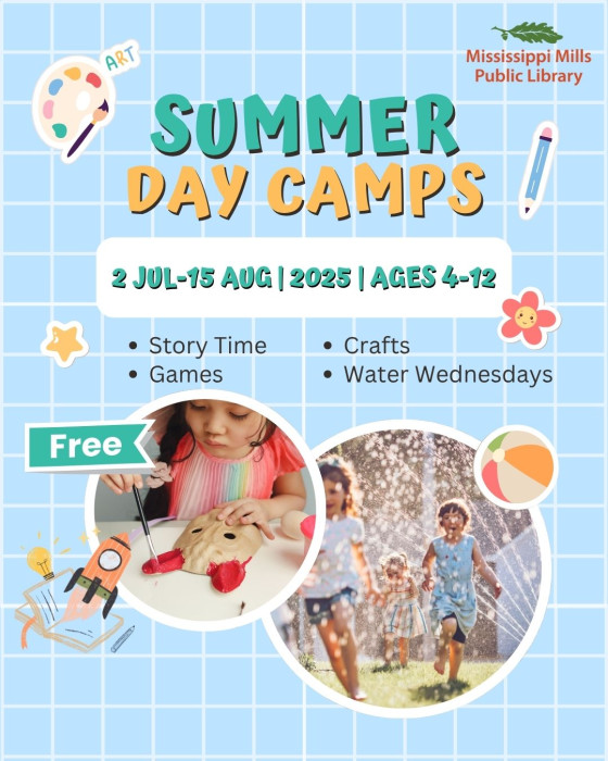 Graphic promoting Mississippi Mills Public Library summer day camps