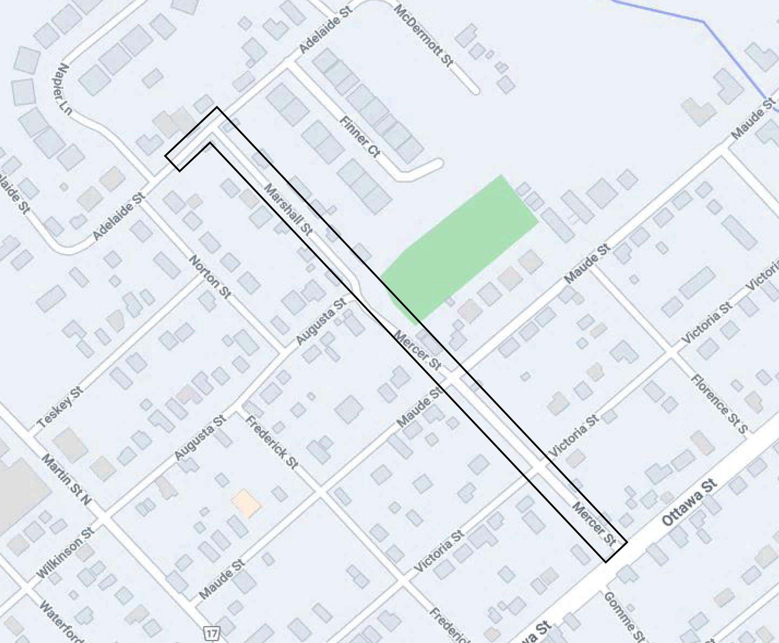 Map showing the area of Mercer Street and Marshall Street in the Town of Almonte, Municipality of Mississippi Mills, highlighted in green