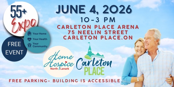 Graphic promoting Home Hospice North Lanark's 55+ Expo scheduled for June 4, 2026 at the Carleton Place Arena