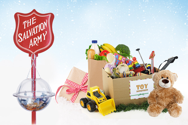 Cardboard boxes filled with toys sit next to a Salvation Army kettle filled with change.