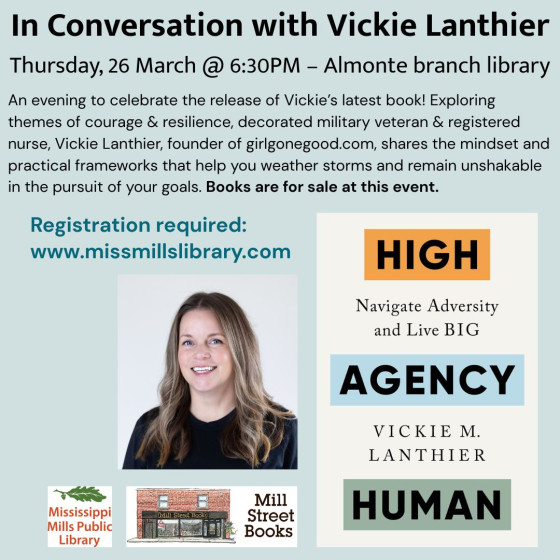 Graphic promoting MMPL event - In Conversation with Vickie Lanthier