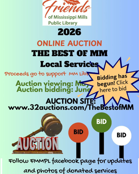 Poster advertising Friends of Mississippi Mills Public Library's 2026 Online Auction