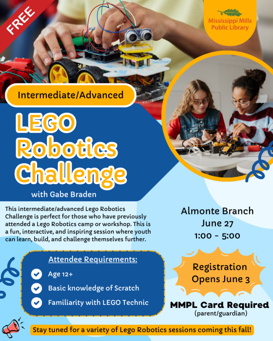 Poster for Mississippi Mills Public Library's LEGO Robotics Challenge