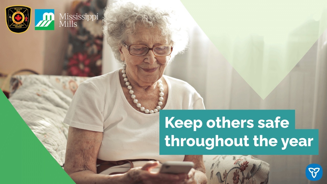 Graphic with a photo of an older adult woman with short grey hair, sitting in a chair looking down at a cell phone