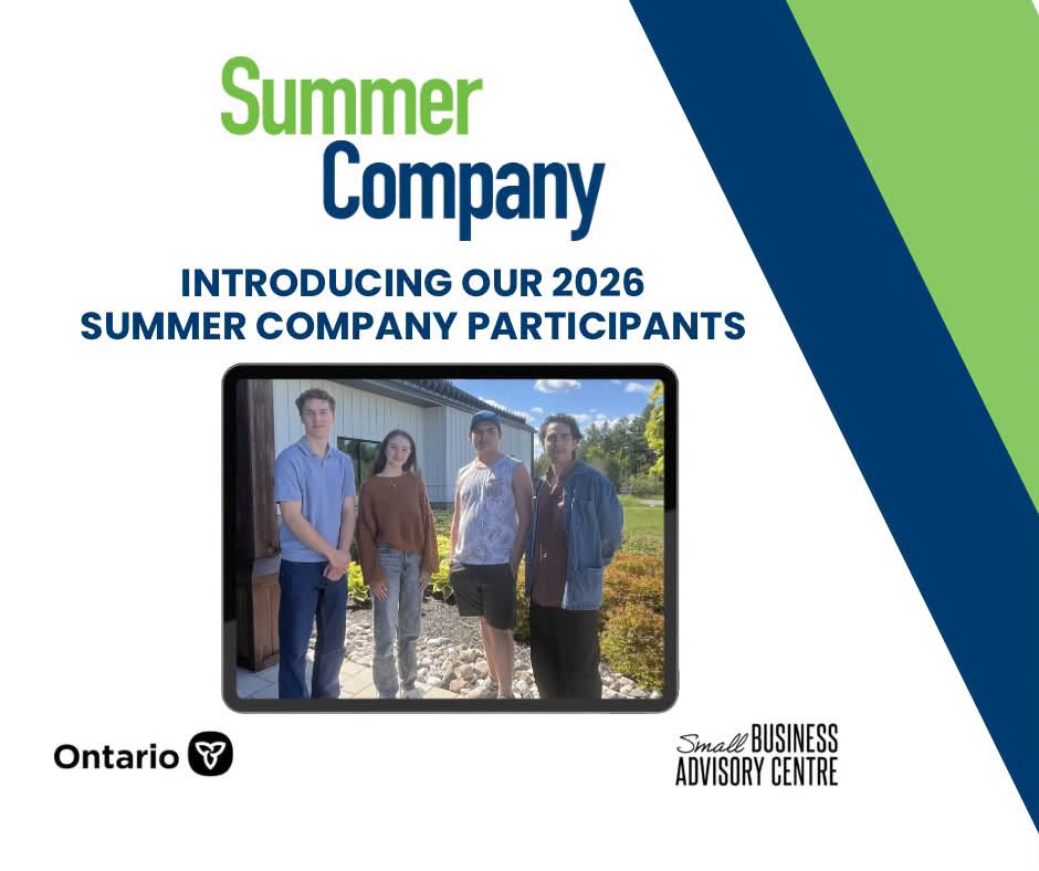 A white, dark blue and green background with blue and green text reading 'Summer Company - Introducing Our 2026 Summer Company Participants.' A black border frames a photo of four people standing outside.