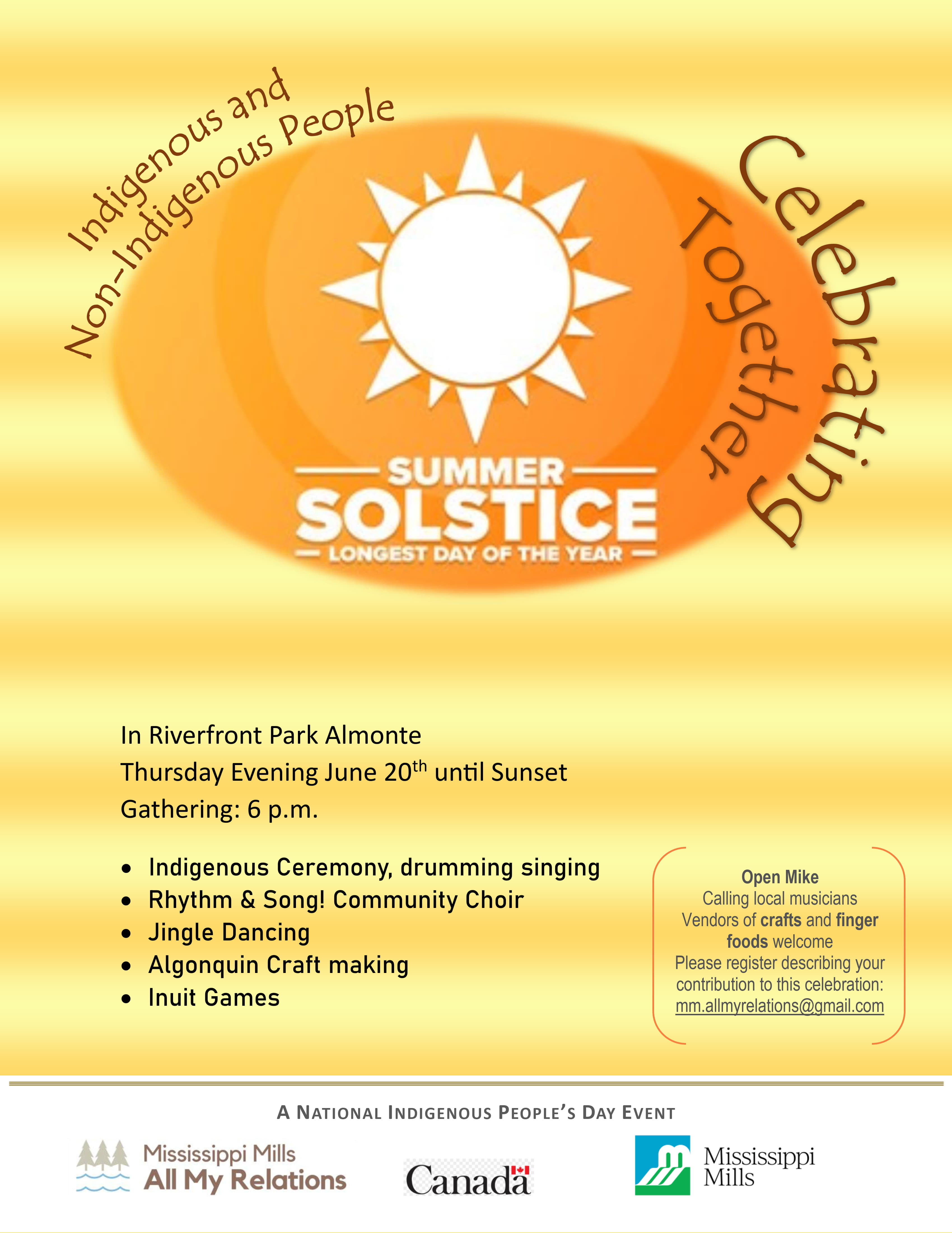 Yellow and orange poster with a graphic of a sun and the text 'Summer Solstice Celebration'