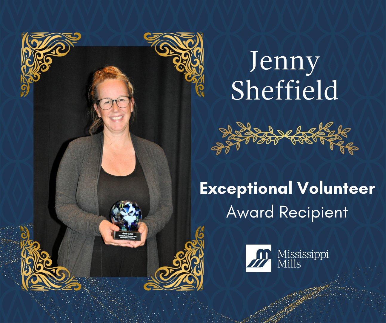 Navy background with gold accents display a photo of a woman with light brown hair, pulled back into a bun, and glasses holding an award. White text reads 'Jenny Sheffield - Exceptional Volunteer Award Recipient.'