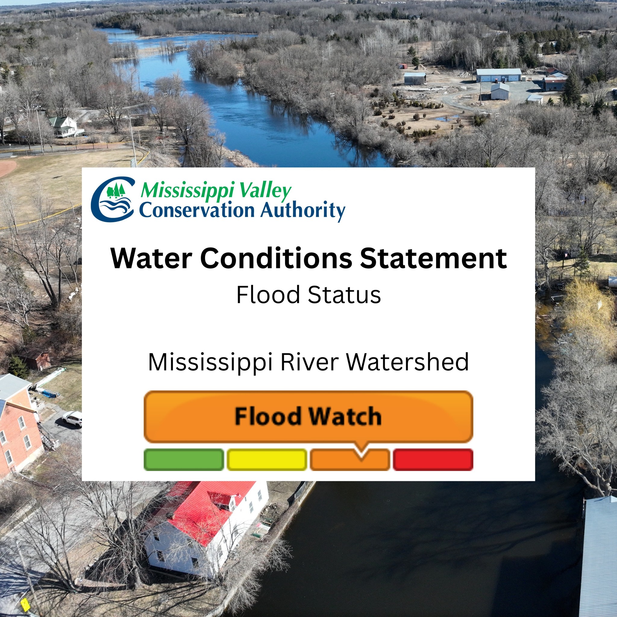 Aerial shot of a river running through a community with the text 'Mississippi Valley Conservation Authority Watershed Conditions Statement - Flood Conditions - Mississippi River Watershed.' Orange graphic with 'Flood Watch'