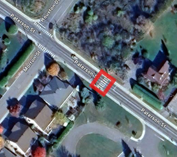 Satellite view of a neighbourhood with a red square box on a section of the street