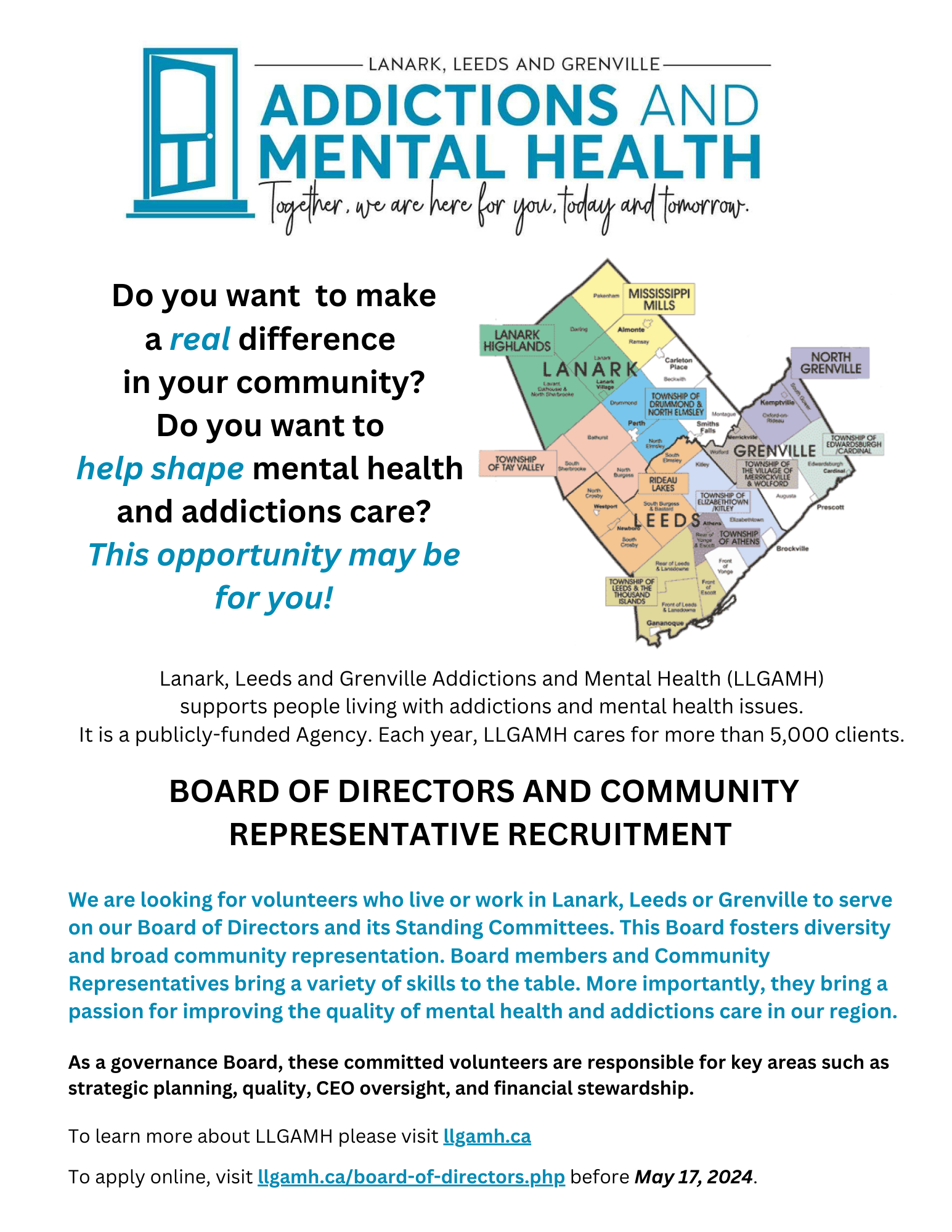 Graphic with text advertising Leeds, Grenville and Lanark Addictions and Mental Health Board Members