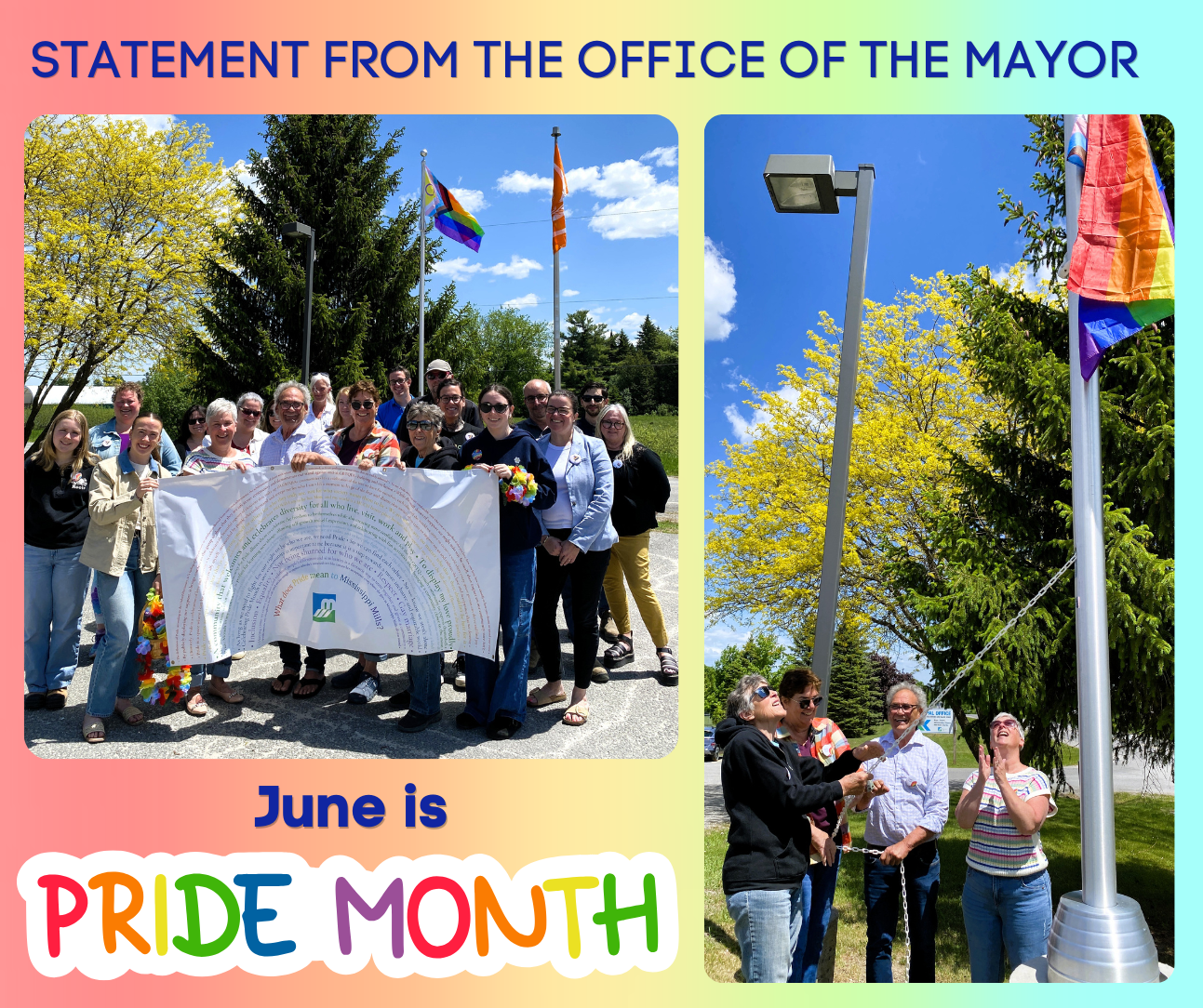 Two photos of a group raising the Pride flag with a rainbow background. Text reads 'Statement from the Office of the Mayor - June is Pride Month.'