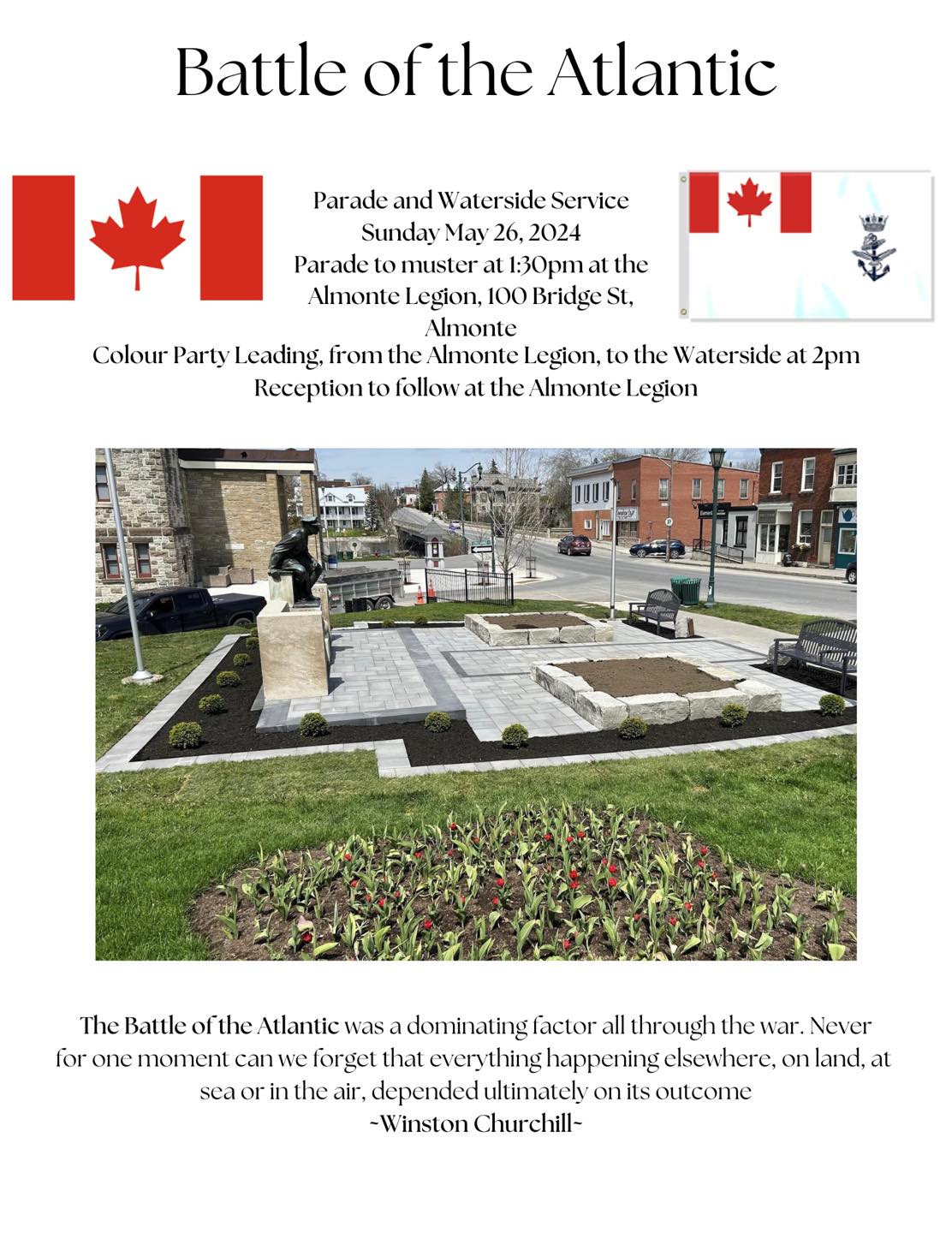 Poster with text 'Battle of the Atlantic' and photo of a war memorial with bronze soldier sitting atop a stone monument