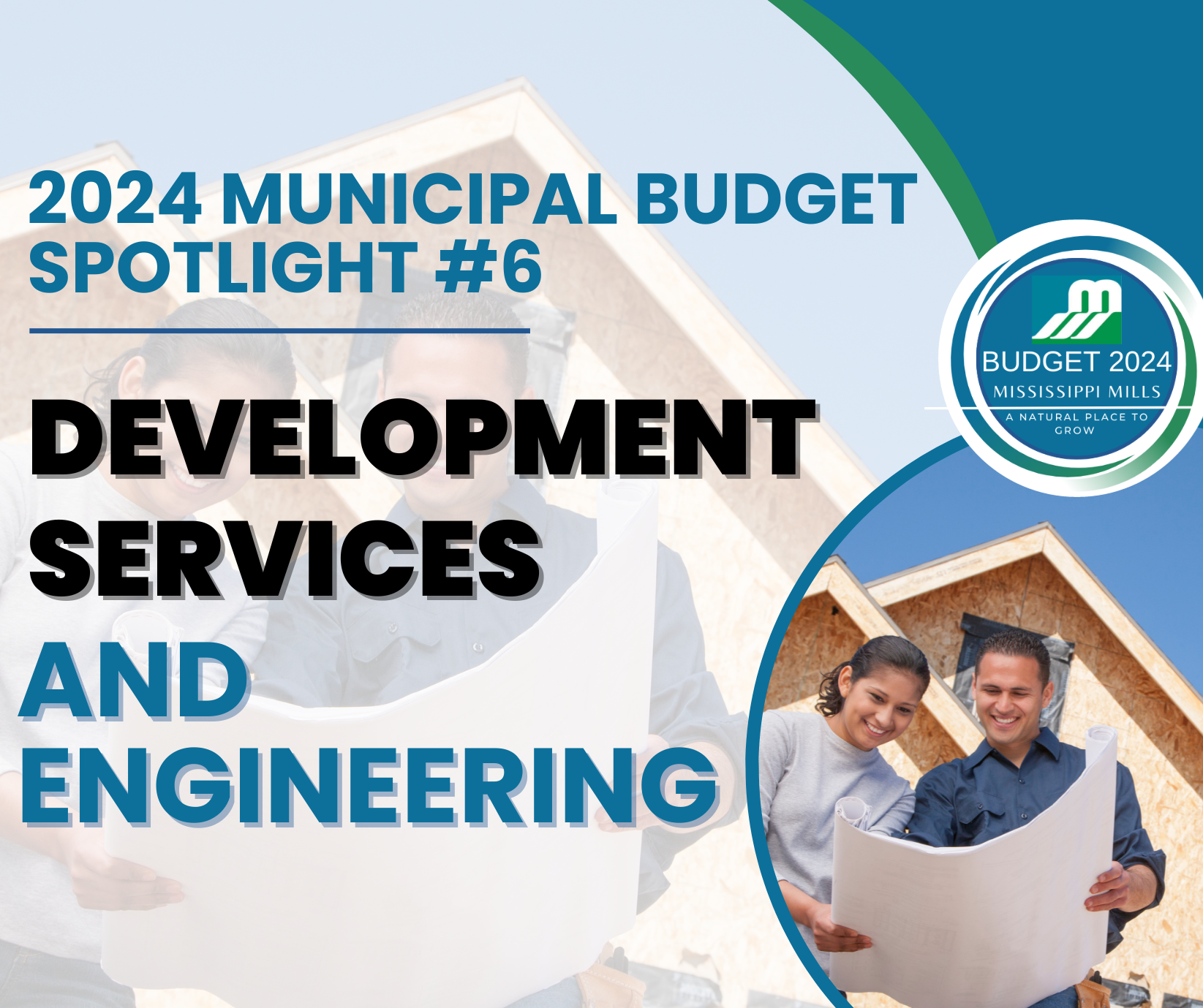 Graphic featuring couple holding engineering plans with construction in the background. Black and blue text reads: Budget Spotlight #6: Development Services and Engineering.