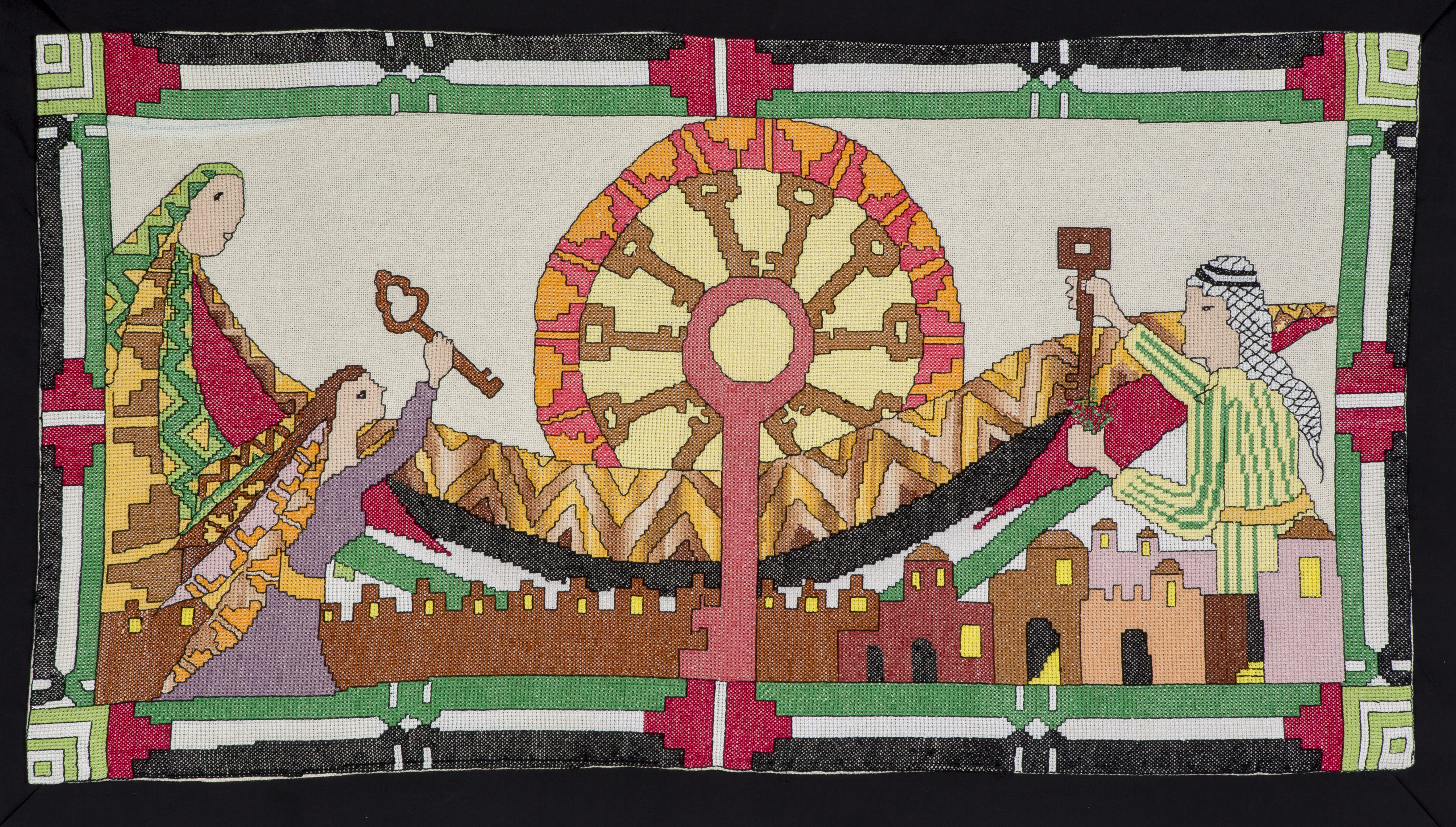 Photo of a colourful needlepoint scene