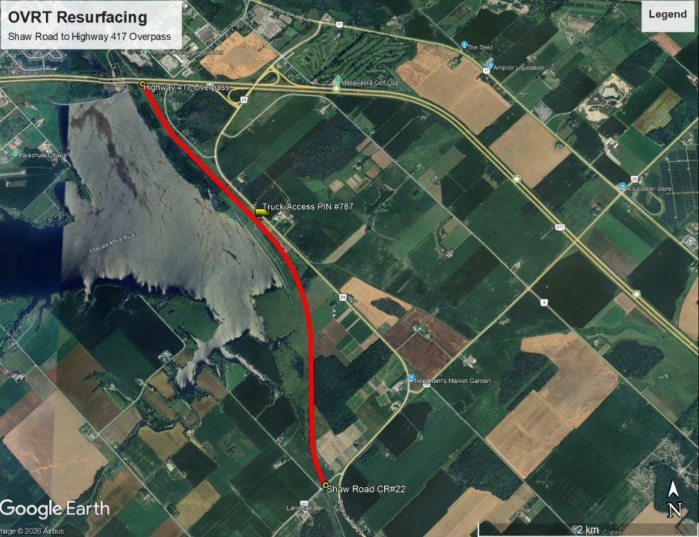 Satellite image of an area with a red line indicating a trail closure. Text in a white box at the top left corner of reads 'OVRT Resurfacing - Shaw Road to Highway 417 Overpass.'