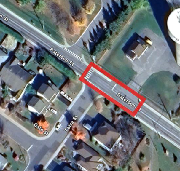Satellite view of a neighbourhood with a red rectangular box around an area of the street