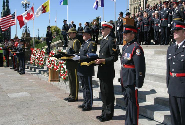 Police officers stand in a line