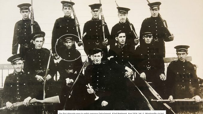 Black and white photo of soldiers with one soldier circled in white