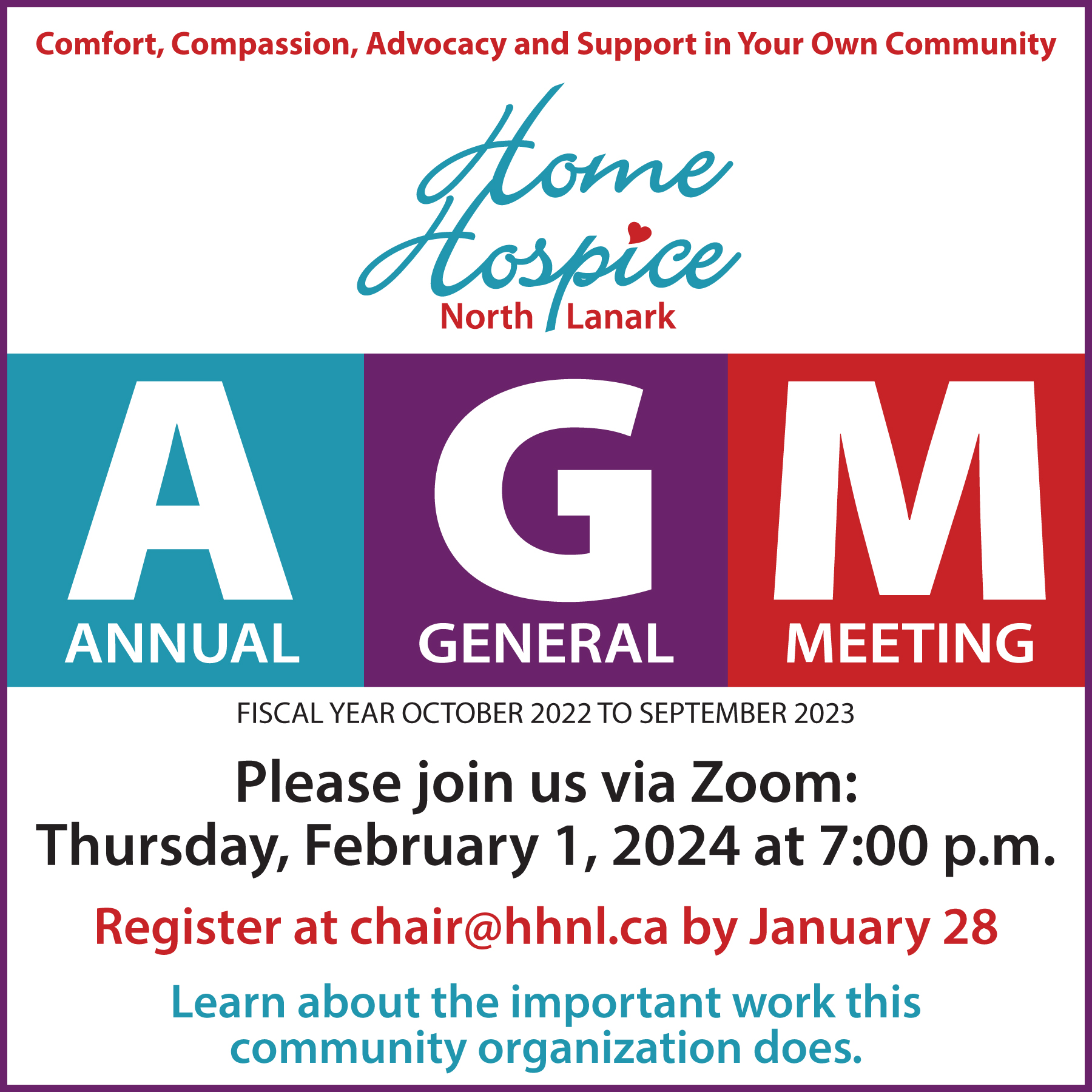 Graphic with purple and red blocks spelling out AGM for Home Hospice North Lanark