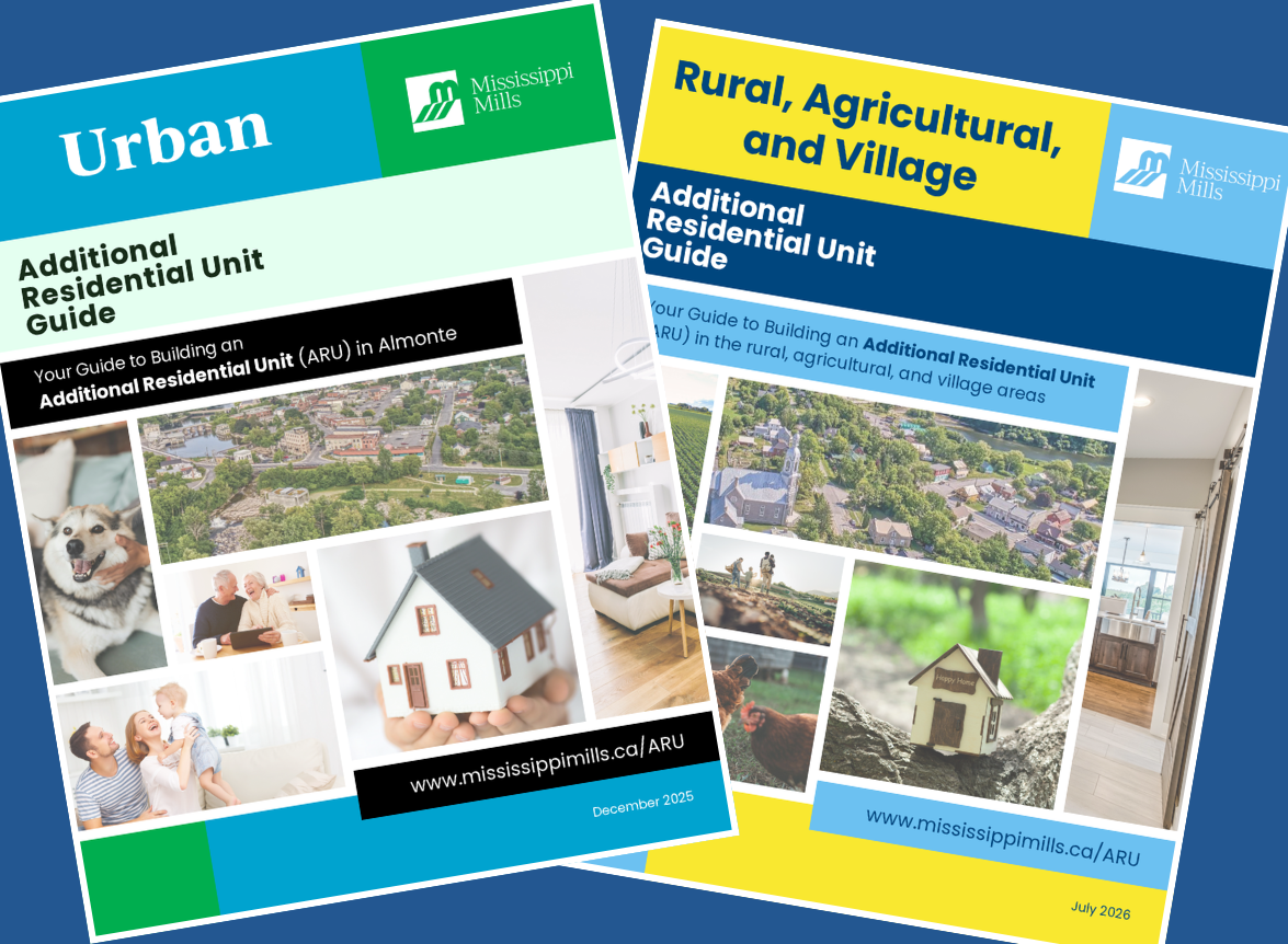 Dark blue background showing cover images of the urban and rural Mississippi Mills Additional Residential Unit Guides