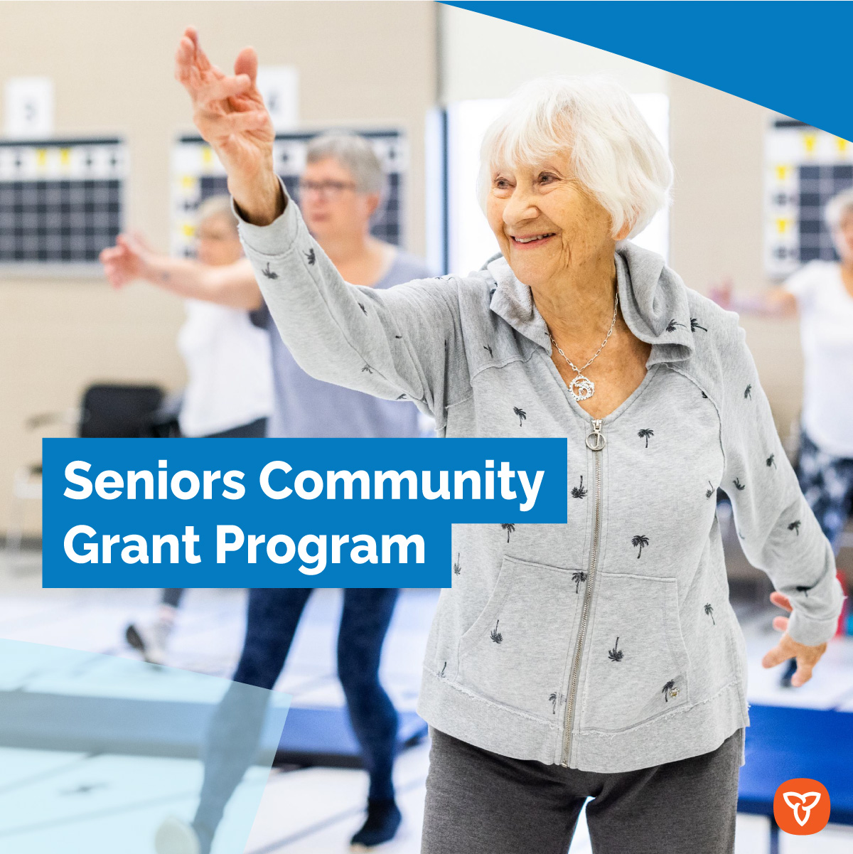 Graphic with photo of an older woman in an exercise class with the text 'Seniors Community Grant Program Applications Now Open'