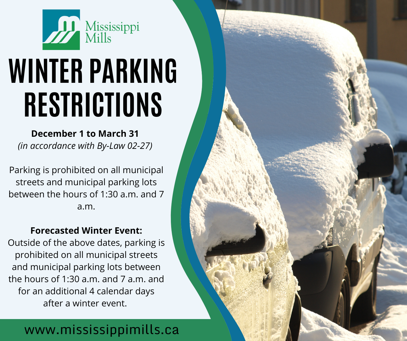 Graphic shows image of snow covered vehicles with the text 'Winter Parking Restrictions'