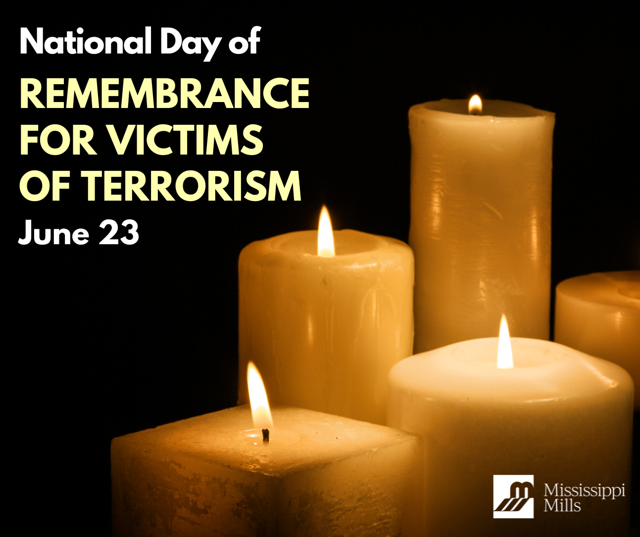 Photo shows a grouping of lit candles with the text 'National Day of Remembrance for Victims of Terrorism, June 23'