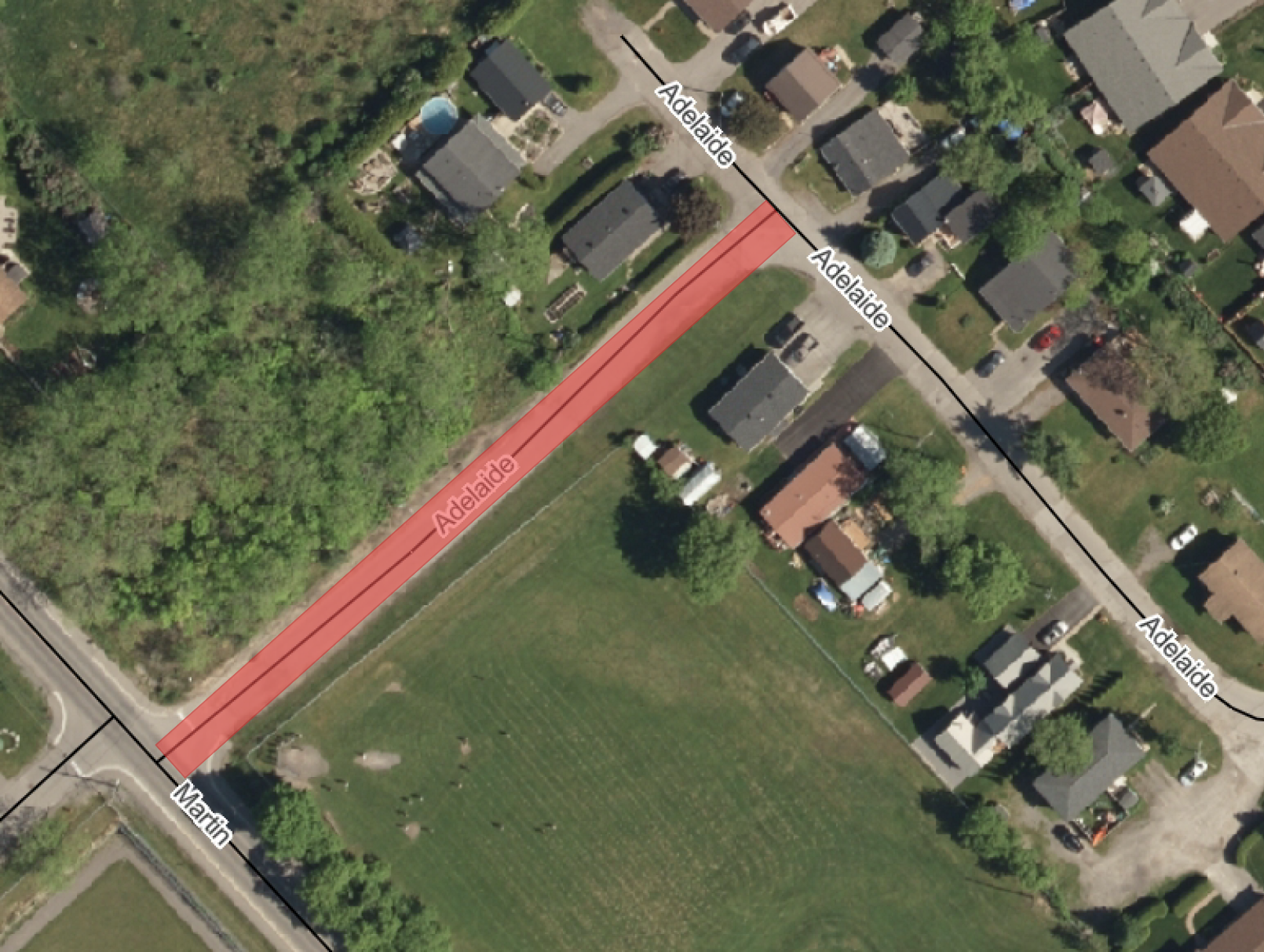 Google maps image of Adelaide Street area in the Town of Almonte, Municipality of Mississippi Mills. A red line points out an area on Adelaide Street.