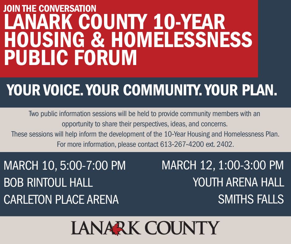 Graphic promoting two Lanark County Housing and Homelessness Public Forums on March 10 and 12, 2026