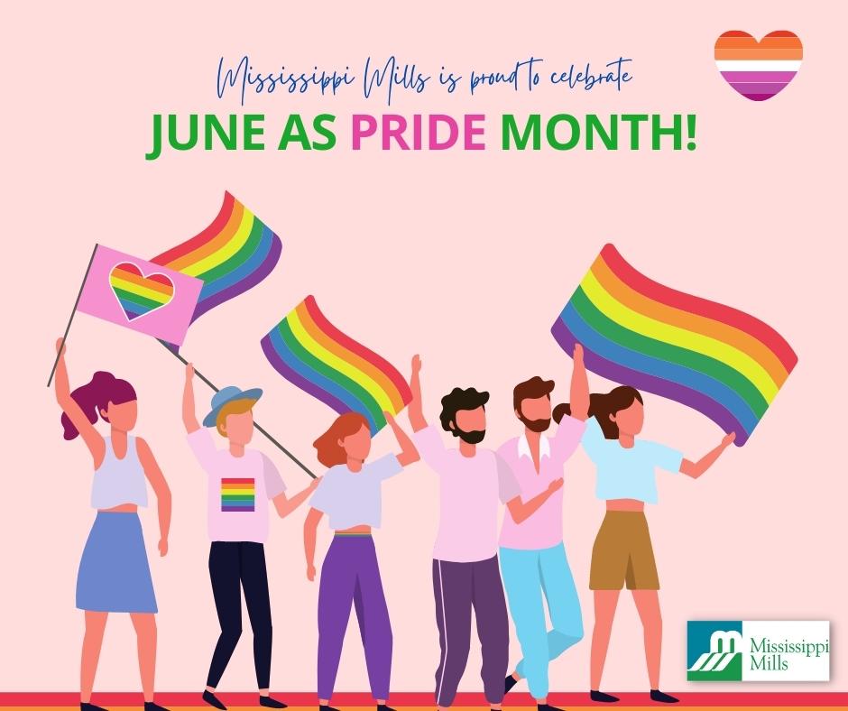 drawing of women and men wearing rainbow flags on a pink background