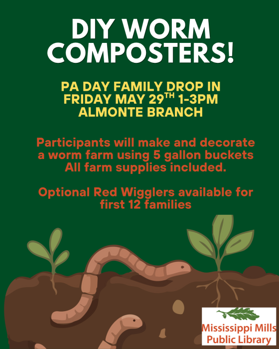 Poster for DIY Worm Composters event at Mississippi Mills Public Library